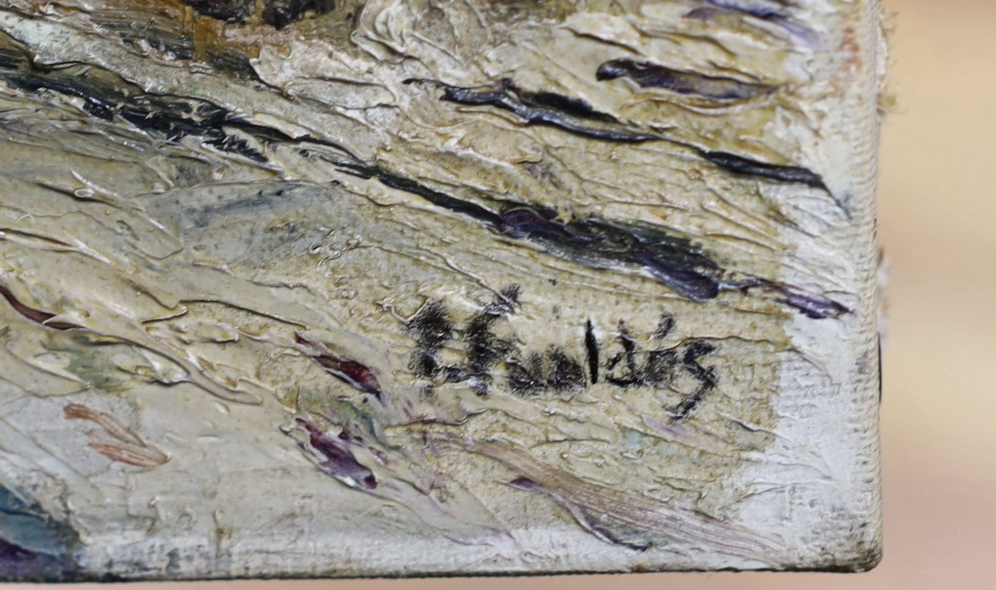 P. Fudldas, oil on canvas, Winter street scene, signed, 35 x 24cm, unframed